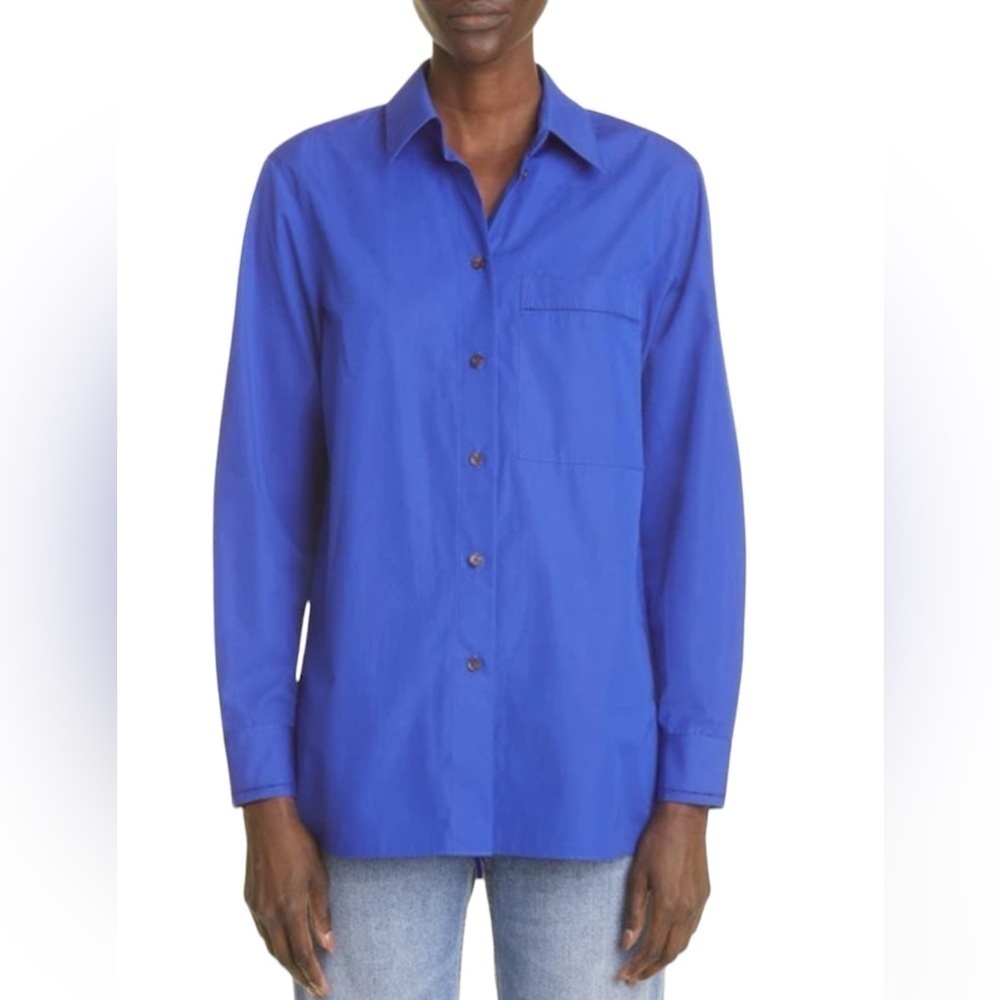 NWT Lafayette 148 Bright Blue Lace Detail Button Up